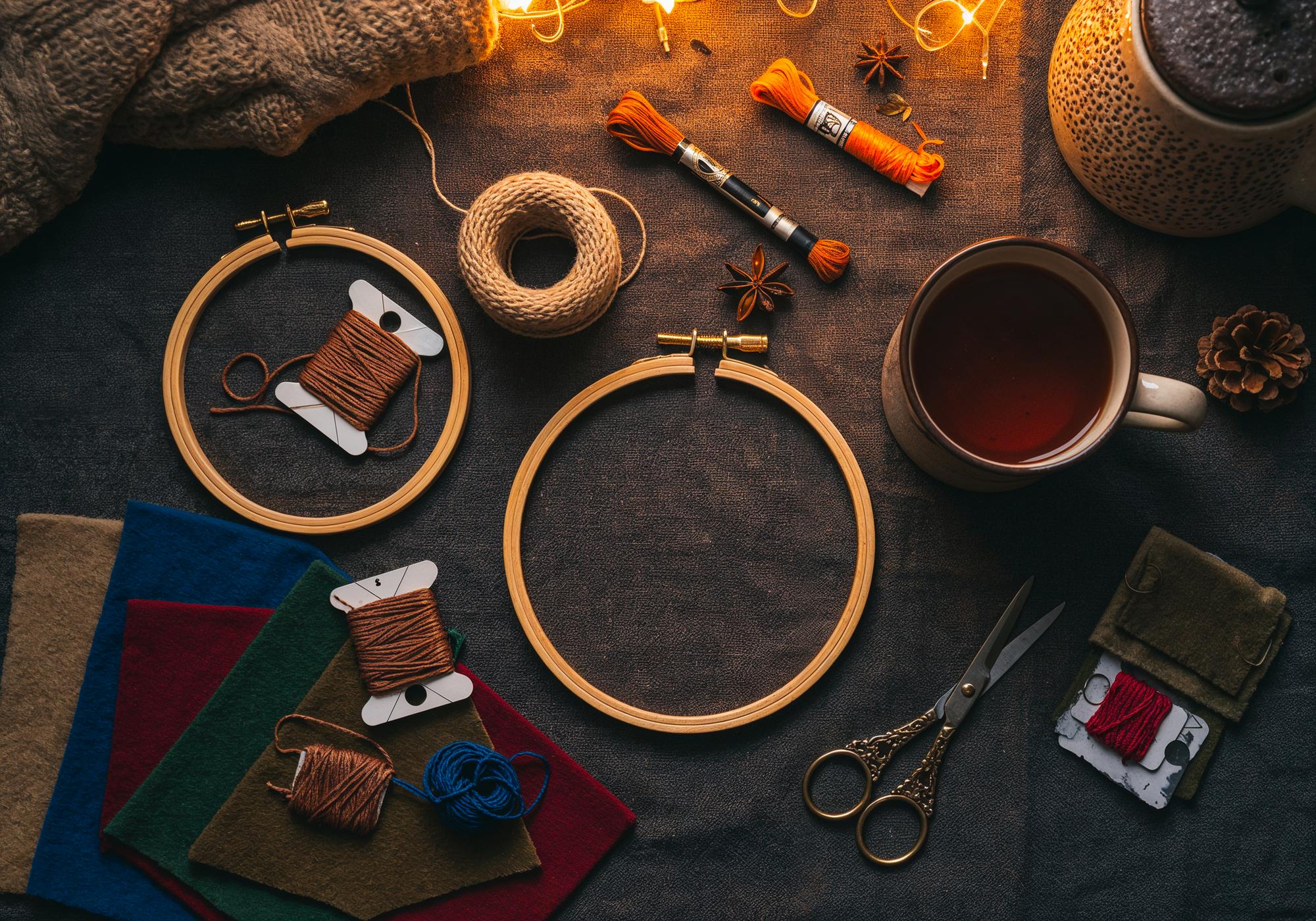 workbench with threads, needles and an embroidery hoop
