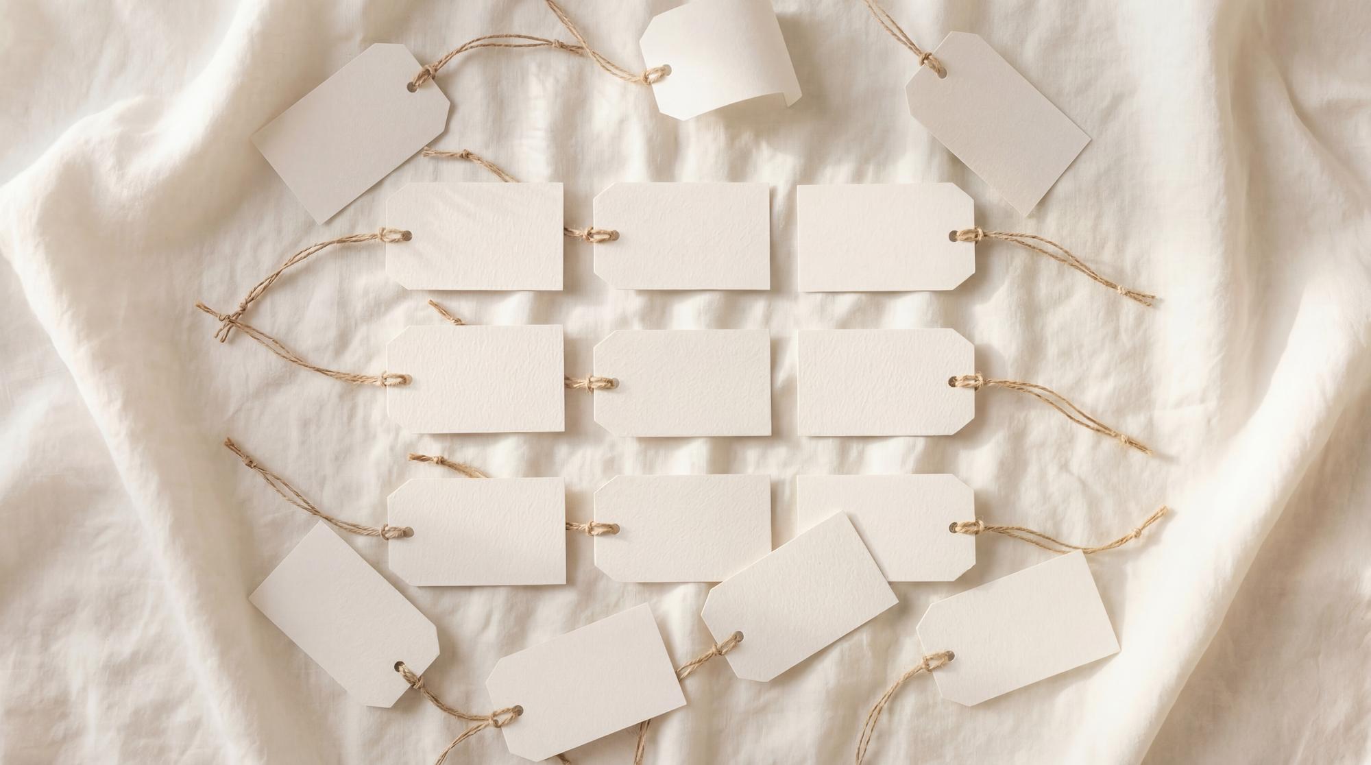 flatlay of sample tags and embroidered labels